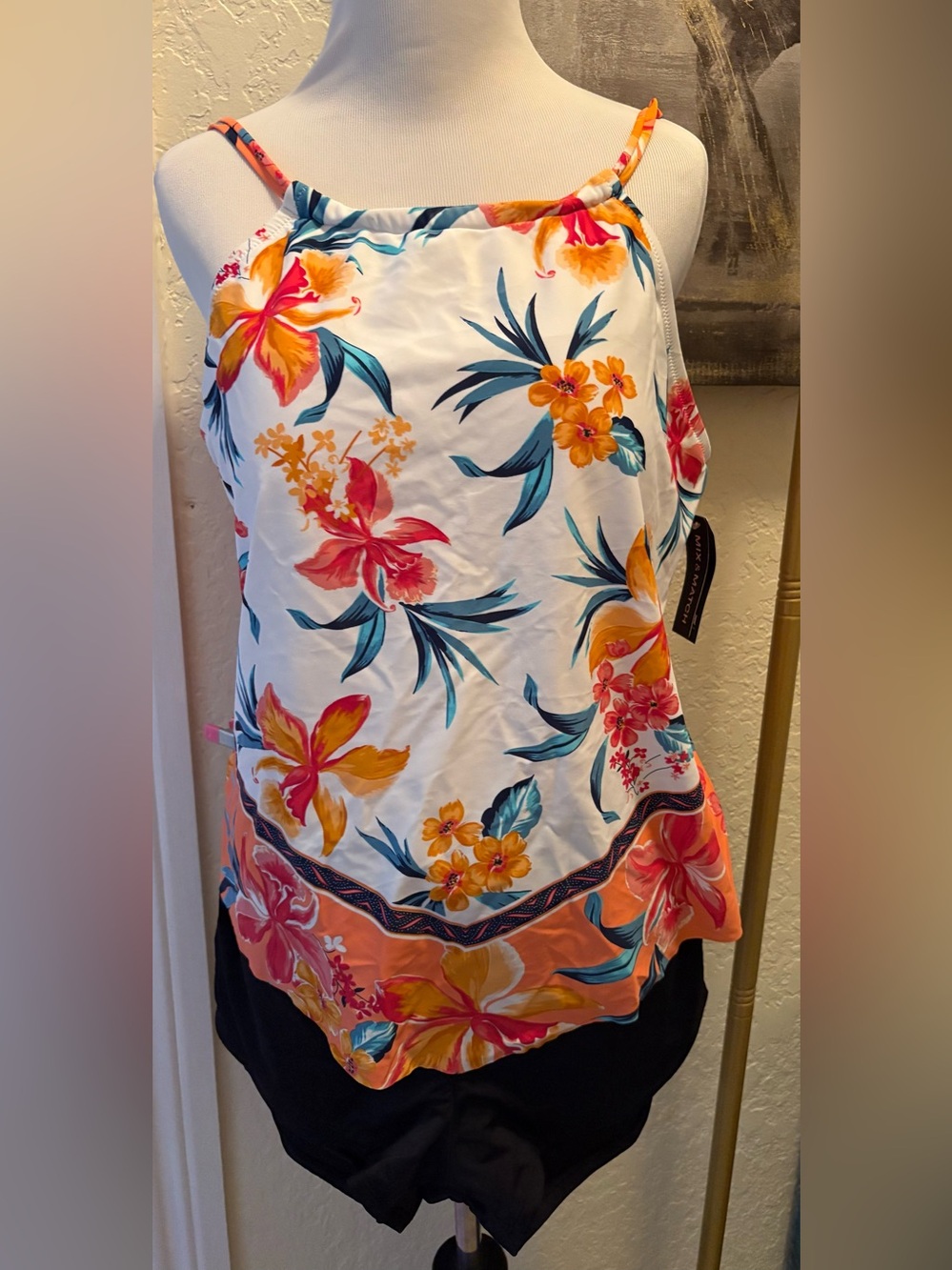 Floral High-Neck Tankini Bikini Top in White with Pink & Orange Blooms
